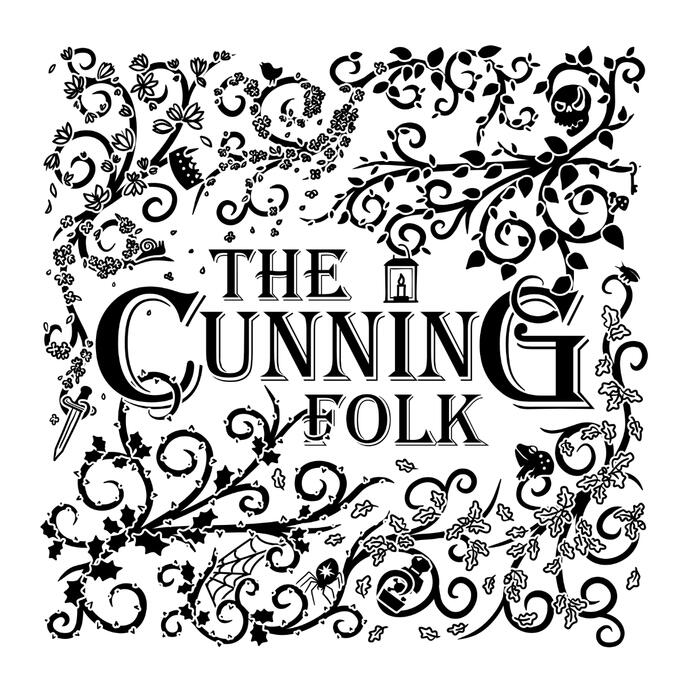 Front of a book titled The Cunning Folk with ornate ivy and plant vectors around the edges