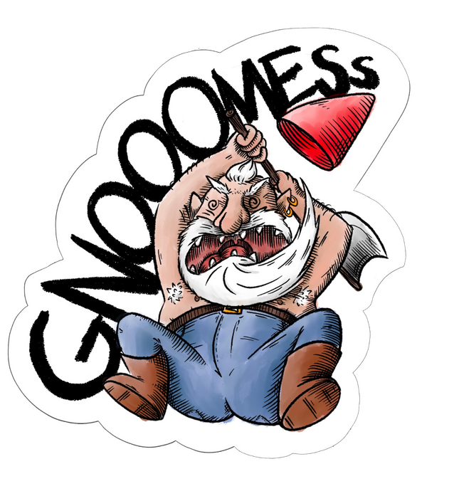 Illustration of a Gnome leaping in the air with an axe. The word GNOOOMES is written behind him.