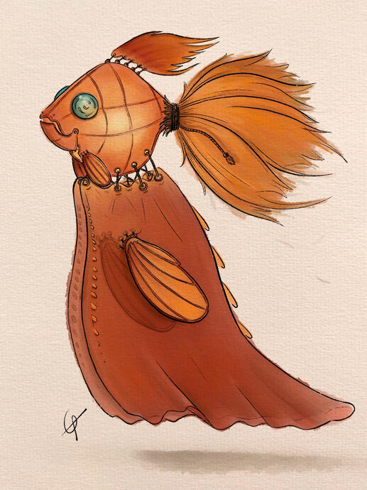 A floating, gold fish shaped, illuminated paper lantern with flowing semi-transparent robes trailing behind it.