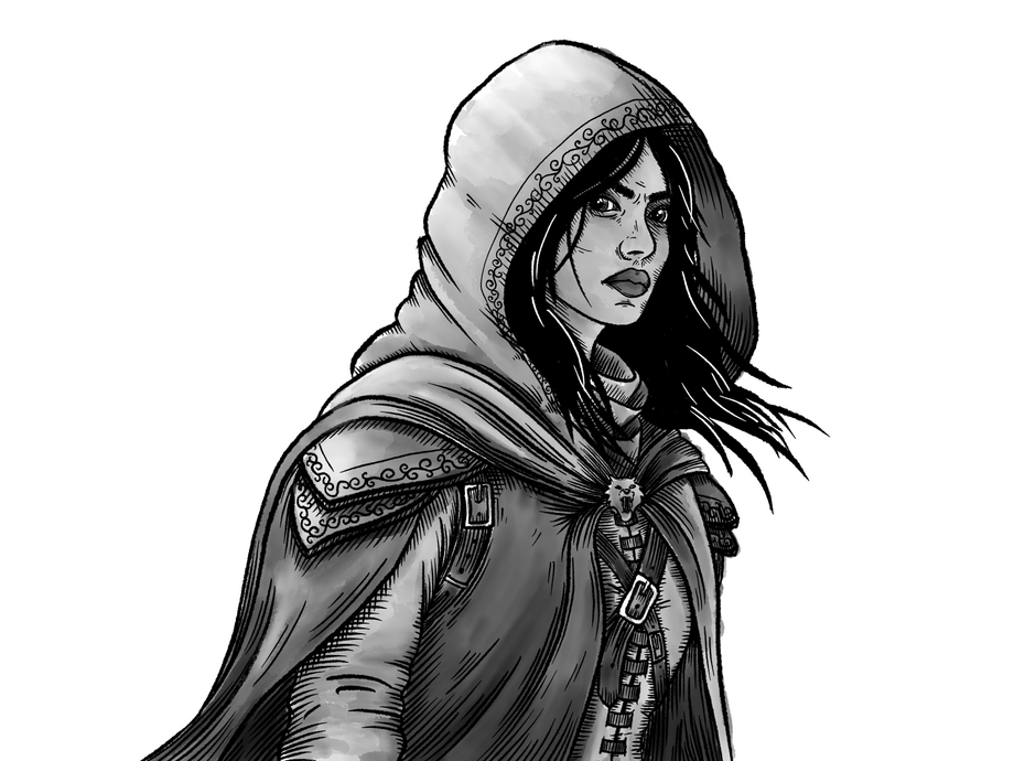 Black and white ink and watercolour illustration of a woman in a hood and leather armour
