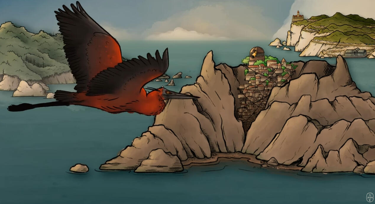 A red crane flying above a series of islands staggering back into the distance.