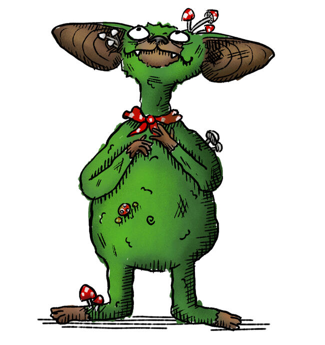 An illustrations of a fantasy creature with large bat ears, and small mushrooms growing from their fur, that seems to be made of moss.