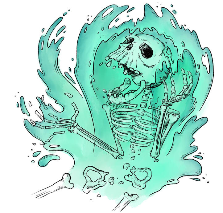 Creature Concept Colour illustration of a skeleton surrounded by magic in blues and greens