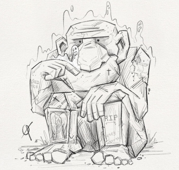 A giant or troll looking creature, made of gravestones, sitting with his knees up against his chest glowing with ghostly energy.
