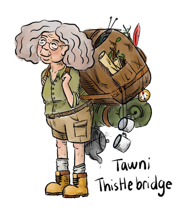 Ink and watercolour illustration of an old woman carrying a large backpack