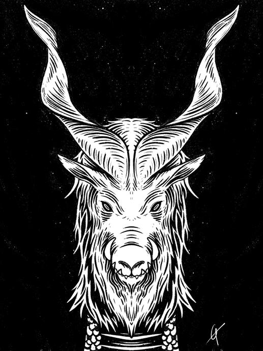 Woodcut style dragon head, white on black