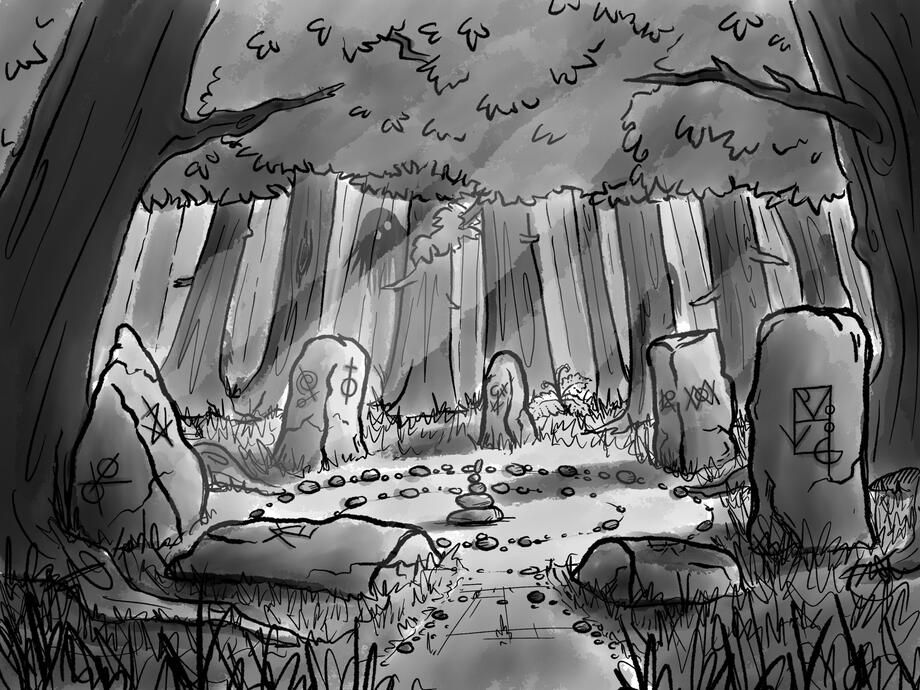 Black and white ink and watercolour illustration of a crumbling stone circle in a forest. Ghosts can be seen amongst the trees.