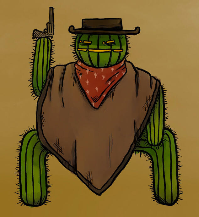 Illustration of a cactus man in a poncho holding a gun