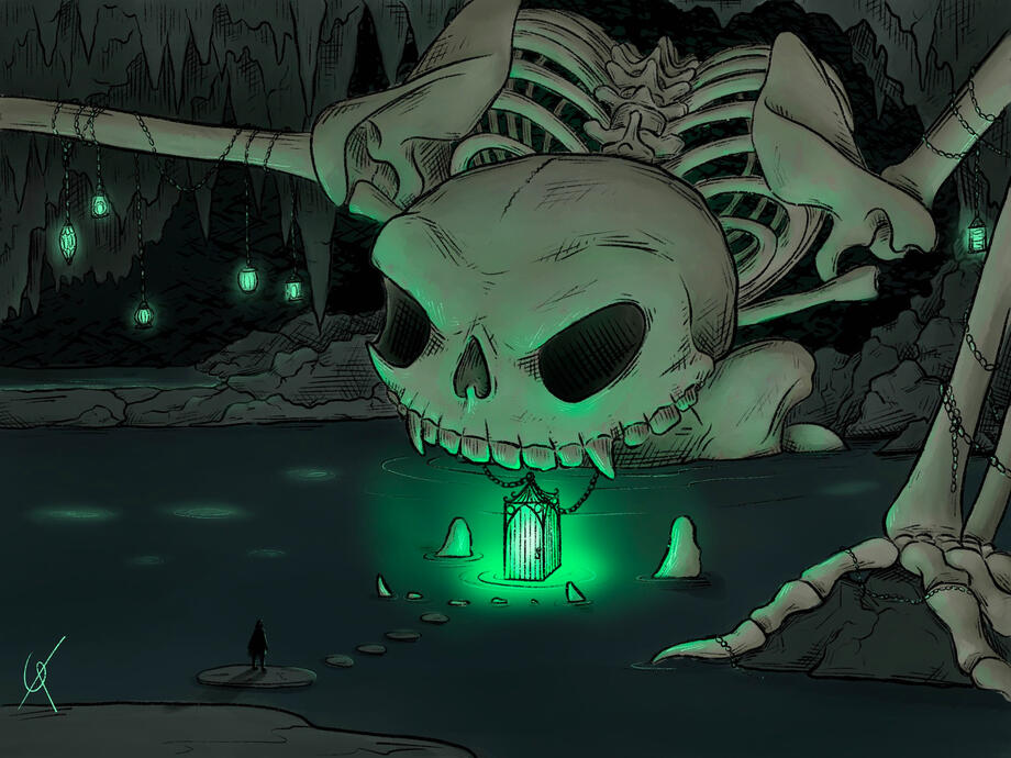 A gigantic skeleton, coming up out of the water in a dark cave, leaning forward with a glowing cage around it's neck.