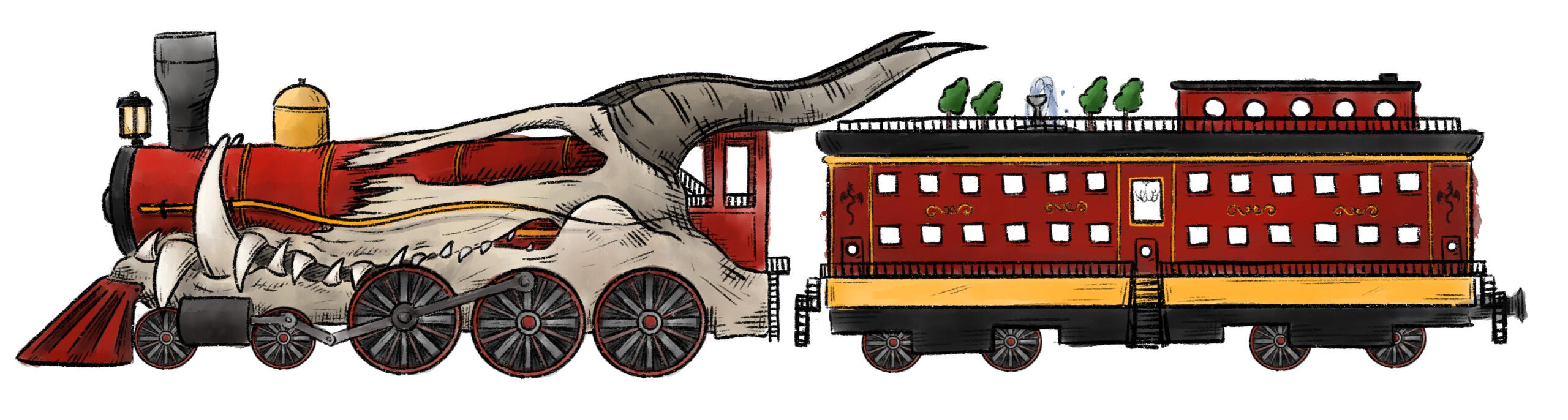 Ink and watercolour illustration of an enormous fantasy train merged with a dragon skull