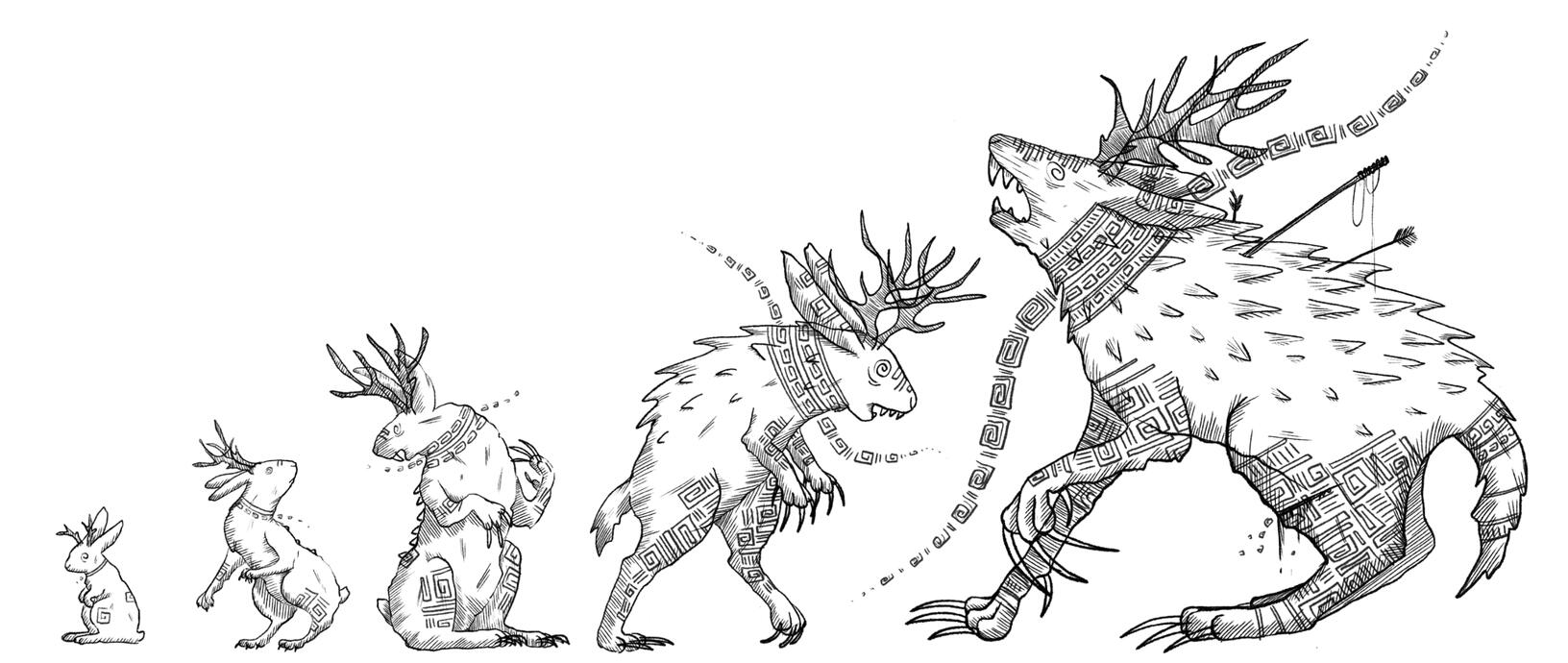 Line work ink illustration of a jackalope type creature slowly growing bigger and more monstrous