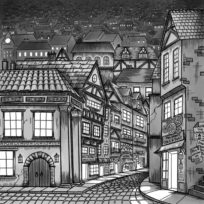 Black and white illustration of a large medieval looking city