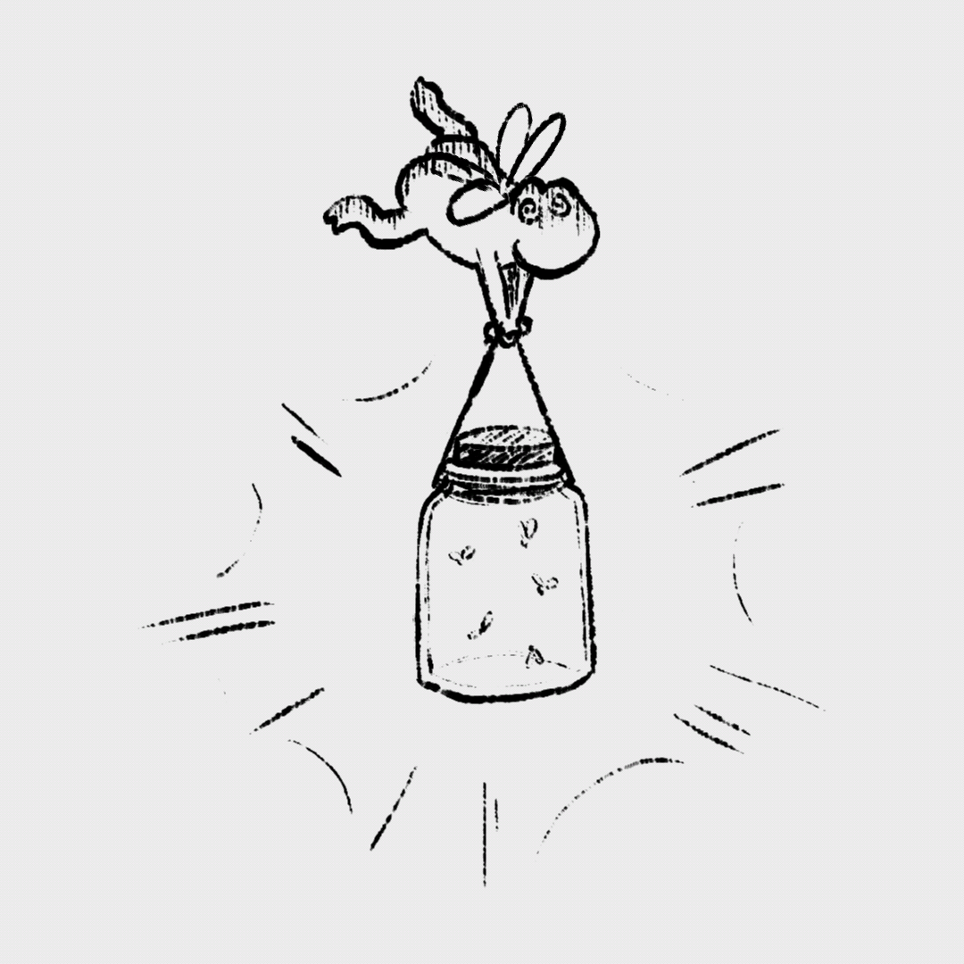 Animated black and white illustration of a fairy frog carrying a jar of fireflies