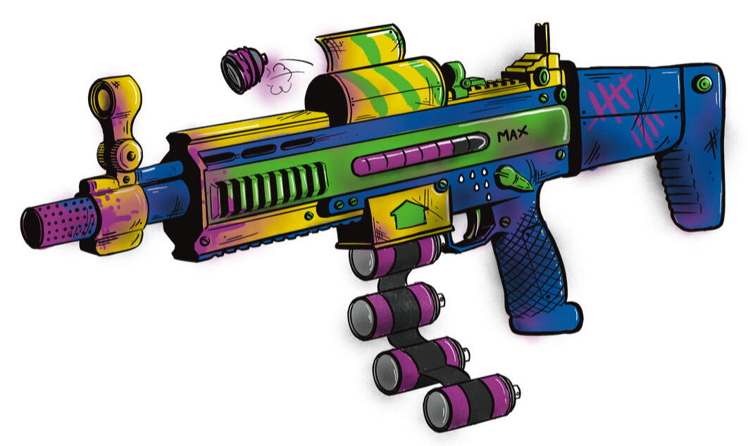 Brightly coloured semi automatic rifle with spray paint cans as amunition.
