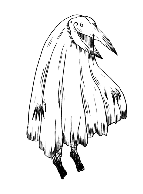 Black and white illustration of a ghostly creature wearing a beaked mask