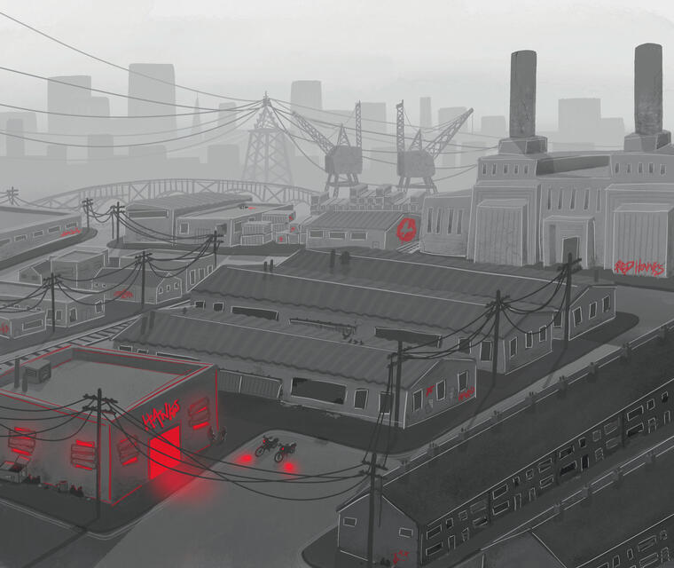Illustration of a misty cityscape with abandoned warehouses and powerlines