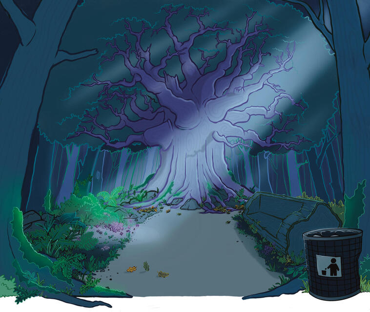 Brightly coloured forest with iluminated plants and moonbeams.